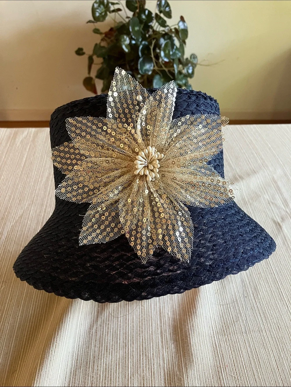 Chic Navy Blue Bucket Hat with Gold Sequined Floral Accent